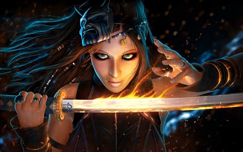 Wallpaper Digital Art Anime Mask Katana Sword Midnight Darkness