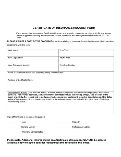 Certificate Of Insurance Request Form Template
