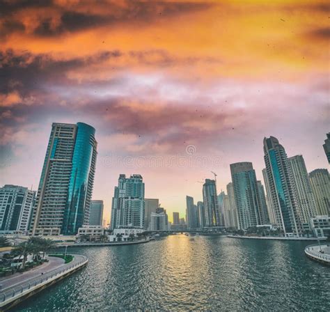 Beautiful Sunset Skyline Of Dubai Marina United Arab Emirates Stock