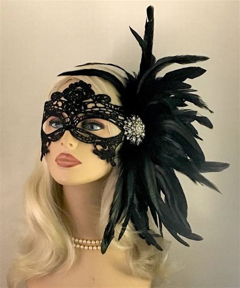 Feather Mask Black Lace Masquerade Mask With Burgundy Etsy Lace