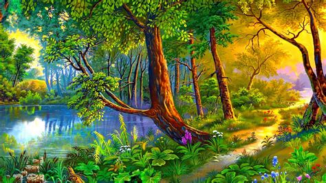 Beautiful Landscape Art Images Summer Painting Forest Trees Path River Forest Flowers Desktop Hd