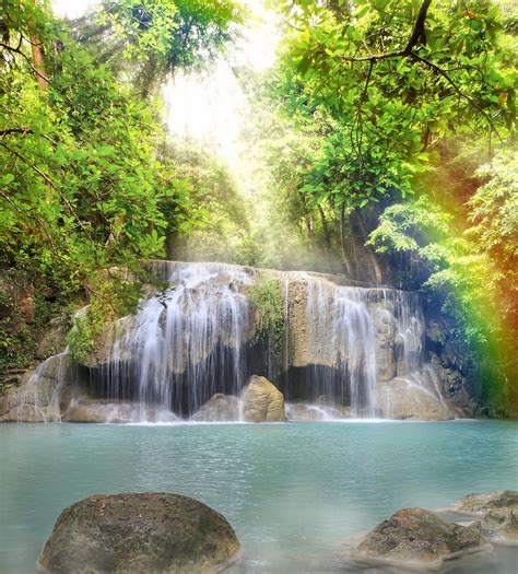 Erawan Waterfall By Anek Suwannaphoom Beautiful Waterfalls Rainbow