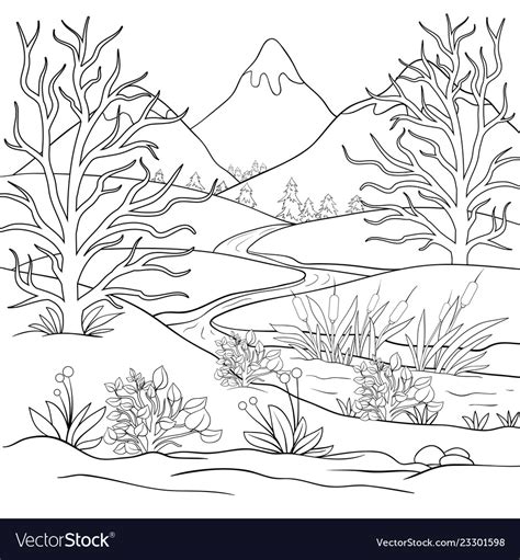 Adult Coloring Bookpage A Cute Landscape Image Vector Image