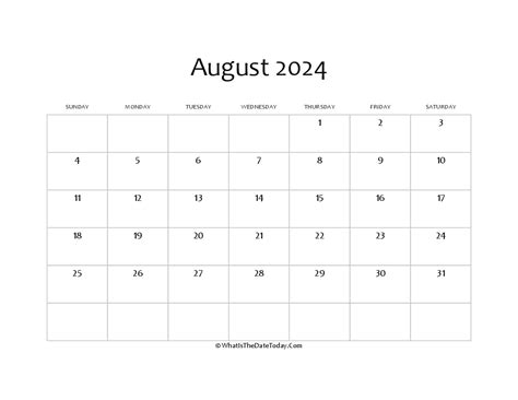 Blank August Calendar 2024 Editable Whatisthedatetodaycom