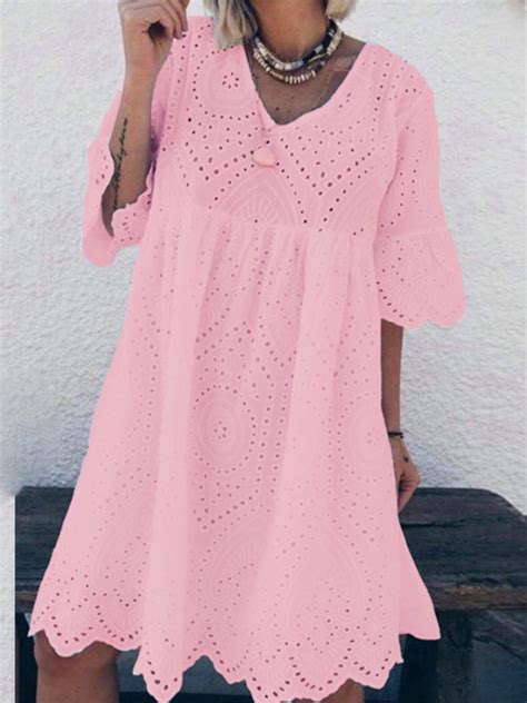 Women Summer Cotton Hollow Out Half Sleeve Casual Dress