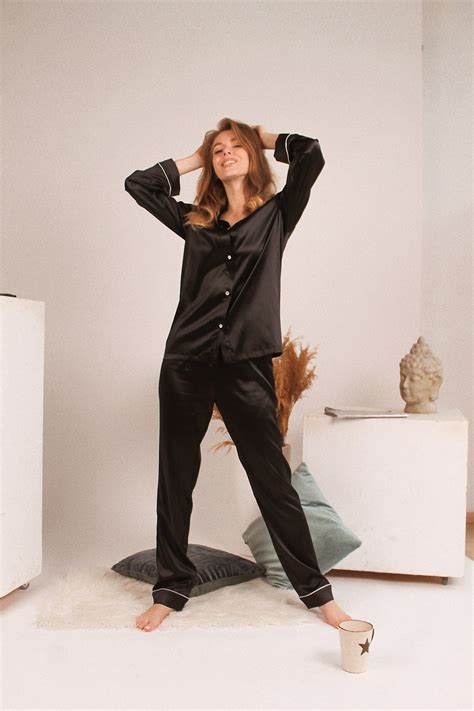 Black Silk Pajama Set For Woman Stretch Silk Long Pajamas Silk Etsy