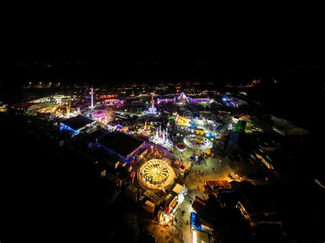 Aerial View Of An Amusement Park At Night Stock Photo Image Of Wheel