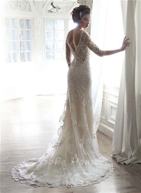 Buy lace 3/4 sleeve wedding dresses and get the best deals at the lowest prices on ebay! Mermaid Illusion Neckine V Back 3 4 Sleeve Lace Wedding Dress