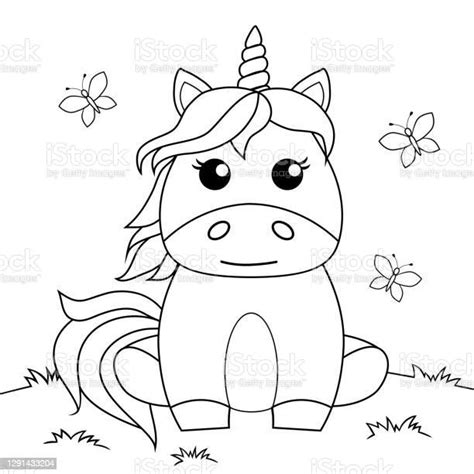 Cute Cartoon Sitting Unicorn Black And White Vector Illustration For Coloring Book Stock