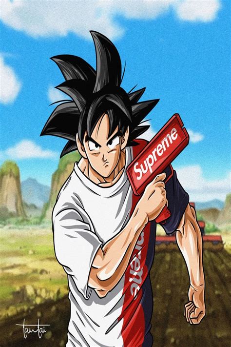 Goku From The Anime Dragon Ball Wearing Supreme T Shirt And Holds A Gun