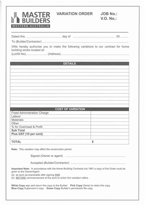 Home Construction Contract Template Fresh Variation Order Form Pad
