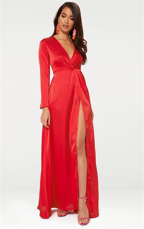 Red Satin Twist Front Maxi Dress Dresses Prettylittlething Usa