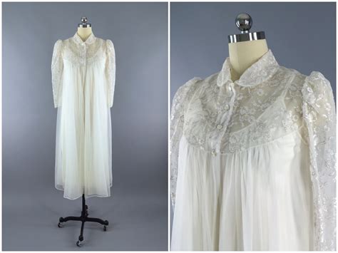 vintage 1960s peignoir set robe and nightgown 60s wedding lingerie white ivory lace