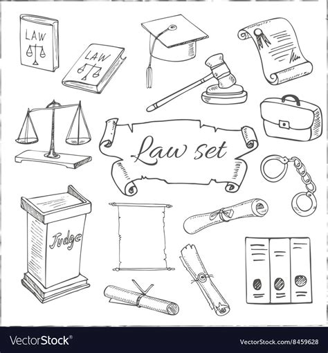 Hand Drawn Law Symbols Set Royalty Free Vector Image