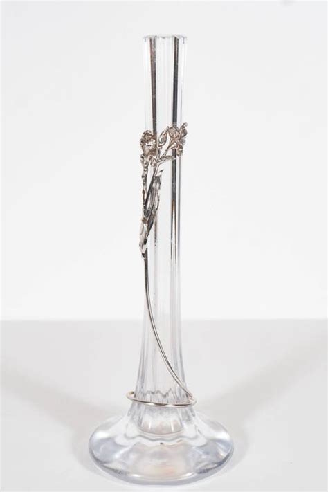 Art Nouveau Glass Bud Vase With Sterling Mount Of Scrolling Flower For Sale At 1stdibs