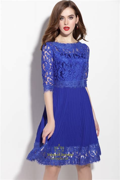 Royal Blue Lace Applique Fit And Flare Dress With 34 Sleeves Vampal