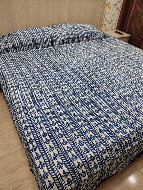 Blue Queen Size Indigo Leaf Print Pure Cotton Kantha Bedcover For Home