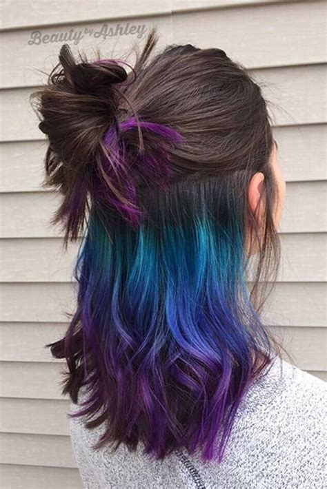 40 rainbow hair ideas for brunette girls — no bleach required hidden hair color underlights
