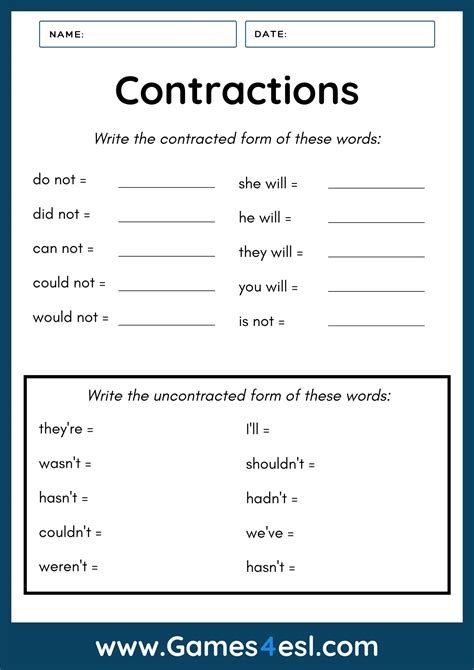 Free Contraction Worksheets Games4esl