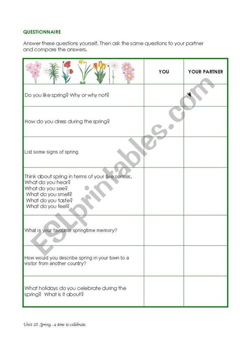 Questionnaire About Spring Esl Worksheet By Pitudiaz