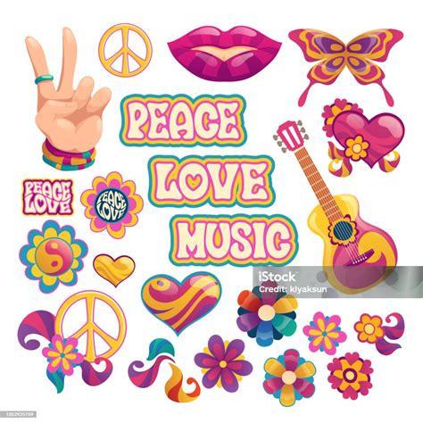 Ilustración De Iconos Hippies Signos De Paz Amor Y Música Y Más