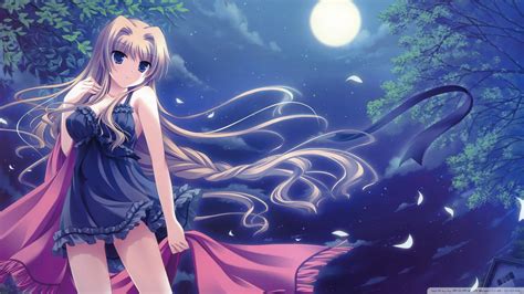 Anime Anime Girls Blue Eyes Moon Long Hair Nightgown Wallpaper
