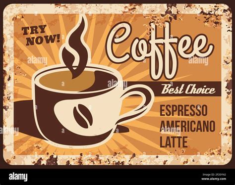 Coffee Shop Drinks Menu Rusty Metal Plate Mug Of Hot Cappuccino Latte