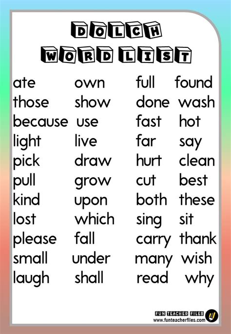 Teacher Fun Files Dolch Sight Words Chart Sight Words