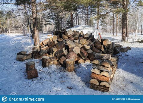 Piles Of Firewood On Snowy Ground In Winter For Fireplace And Warmth