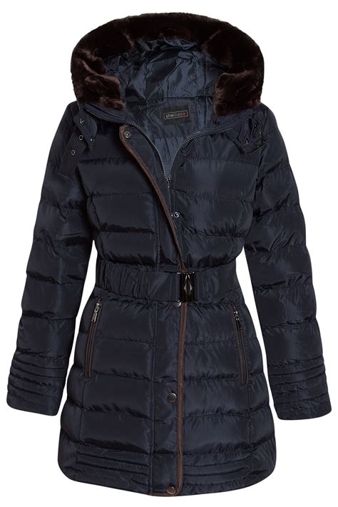 womens belted long fur hooded trim padded quilted winter faux coat warm uk 8 16 ebay