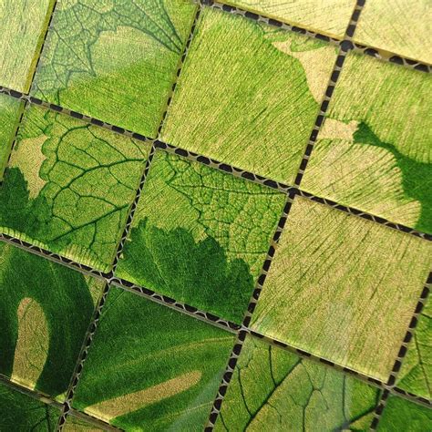Green Leaf Pattern Glass Mosaic Brick Tile For Television Backdrop