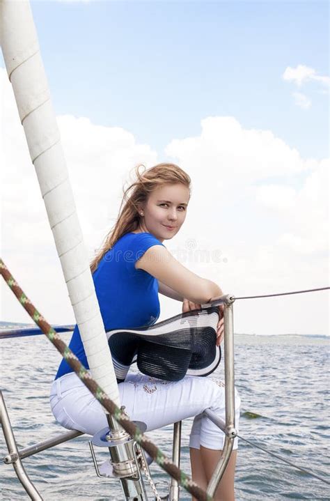 Sea Travelling Concepts Sensual Caucasian Woman Sailing On Yacht Outdoors Stock Image Image