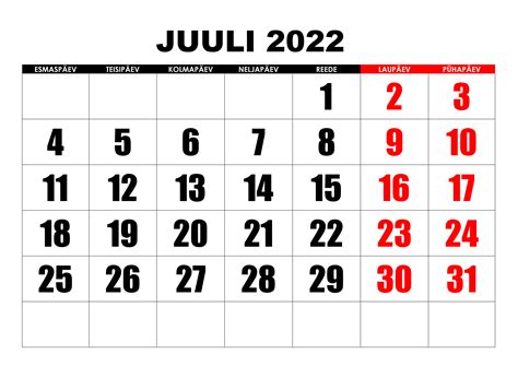 Kalender Juuli 2022 Kalendridsu