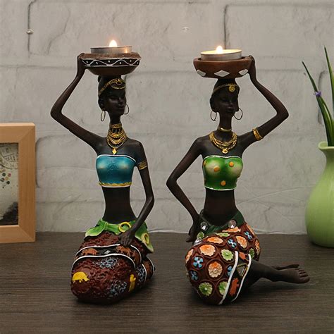 2pcs African Women Resin Statue Candlestick Home Decoration Craft