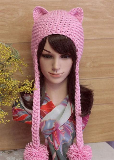 Pink Cat Hat Cat Ears Beanie Pink Cat Beanie Hat Pom Poms Etsy Pink