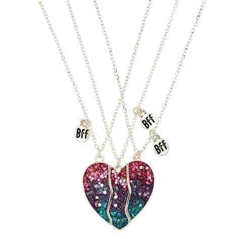 Best Friends Ombre Glitter Heart Pendant Necklaces 3 Pack Friend