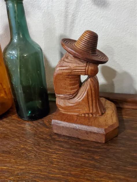 Vintage Mexican Sombrero Man Siesta Carved Statue Figurine Folk Art