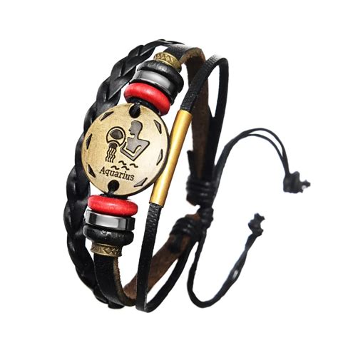 Free Shipping 12 Constellations Leather Bracelet Men Zodiac Signs Aries