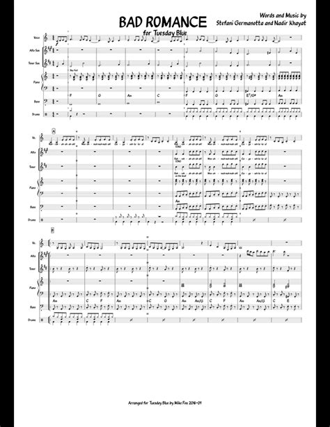 Bad Romance For Tuesday Blue Sheet Music For Piano Voice Alto Saxophone Tenor Saxophone