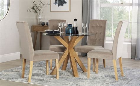 Hatton Round Dining Table And 4 Regent Chairs Glass And Natural Oak