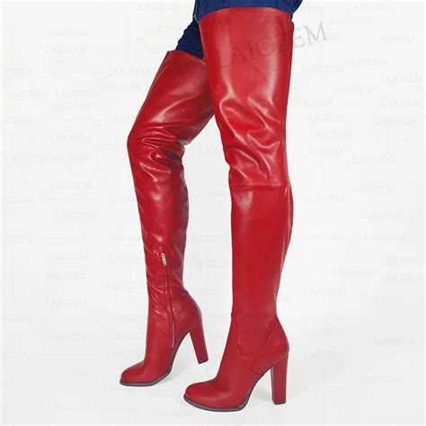 Laigzem Women Thigh High Boots Faux Leather Thick Heels Over Knee Boots Round Toe Handmade