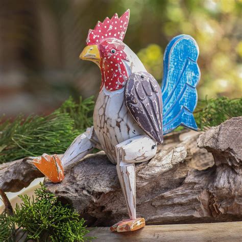 Hand Carved Albesia Wood Rooster Statuette Sitting Rooster Novica