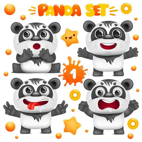 Set Of Cartoon Panda Bear Kawaii Characters Various Emotions Stock