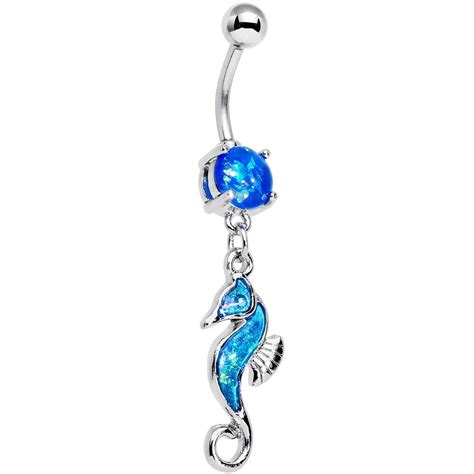 Blue Faux Opal See You Later Seahorse Dangle Belly Ring Belly