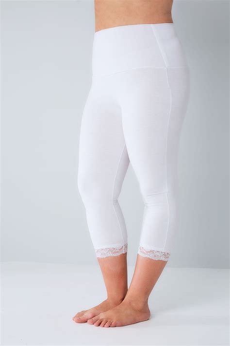White Tummy Control Cropped Leggings With Lace Trim Plus Size