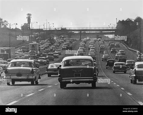 Traffic Jam And Heavy Traffic On A Highway In Los Angeles In The 1960s