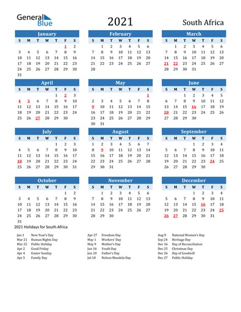 2021 Calendar With Public Holidays Sa