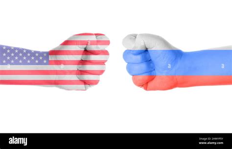 Usa Vs Russia Conflict Symbolized By Two Fists Painted With Flags Stock