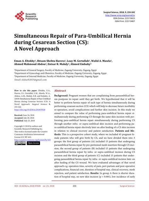 Pdf Simultaneous Repair Of Para Umbilical Hernia During Cesarean
