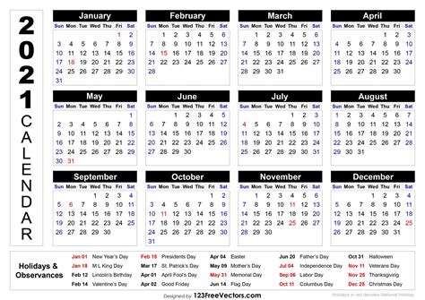 2021 Calendar With Federal Holidays Printable Printable National Day